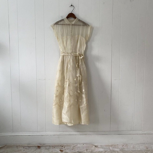 1950s Sheer Eyelet Embroidered Organza Party Dress Rounded Collar Satin Buttons - Picture 1 of 12